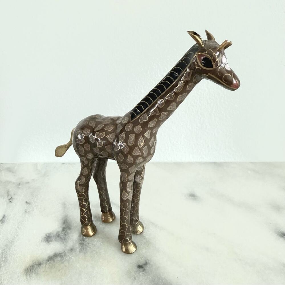 Vintage | Cloisonné Enameled Brass Standing Giraffe Figurine Metal Brown & Gold